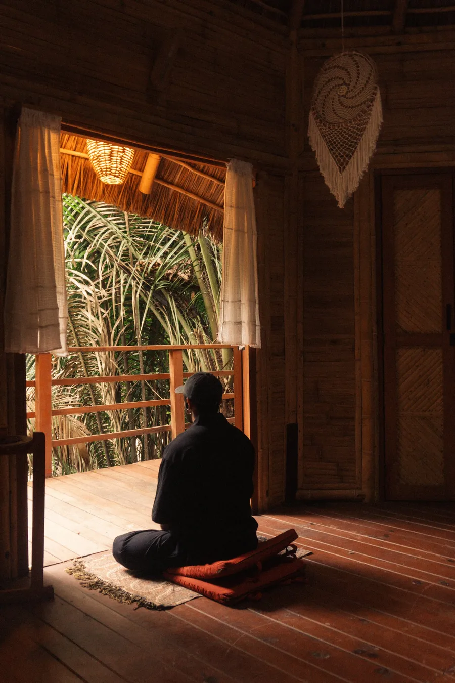 Meditating in an open-air room
